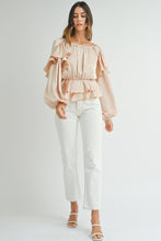 Oatmeal Lace-up Keyhole Back Ruffled Peplum Blouse