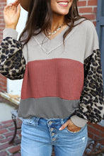 Wild Leopard Contrast Sleeve Colorblock Waffle Knit Top