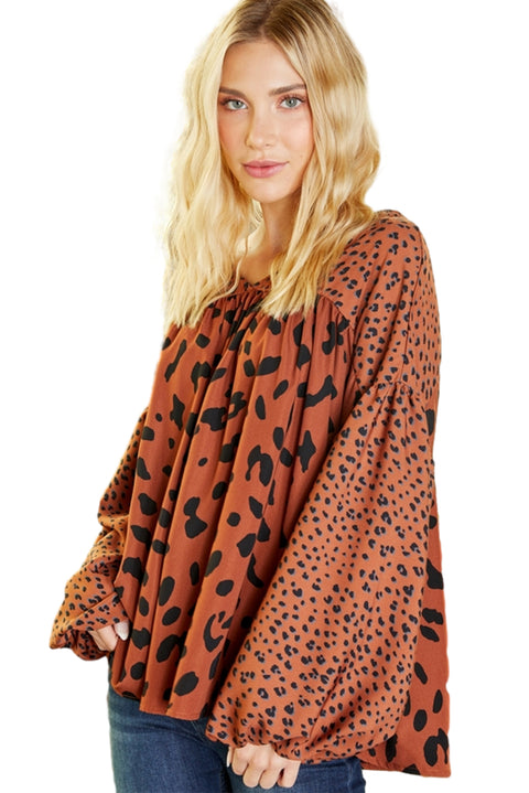 Brown Contrast Leopard Print Bubble Sleeve Blouse