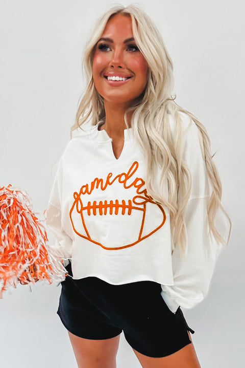 Bright White Game Day Lettering Rugby Notched Neck Sweatshirt