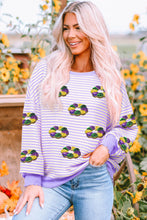 Purple Stripe Sequin Doughnut Graphic Long Sleeve Mardi Gras Top