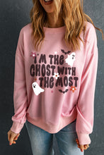 Pink Halloween Slogan Ghost Bat Graphic Drop Shoulder Sweatshirt