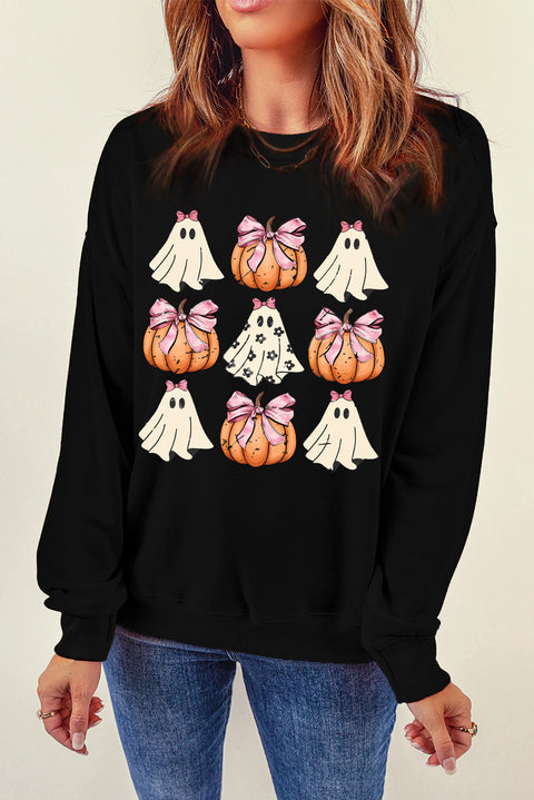 Black  Halloween Bowknot Ghost Pumpkin Graphic Crewneck Sweatshirt