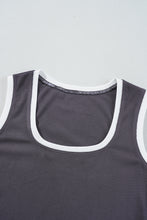 Carbon Grey Ribbed Knit Colorblock Edge U Neck Slim Fit Tank Top