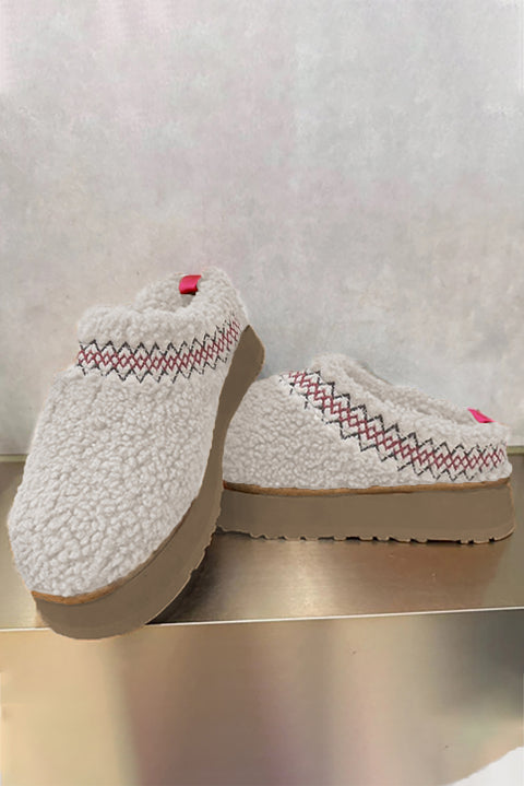 White Embroidered Sherpa Plush Thick Sole Winter Slippers