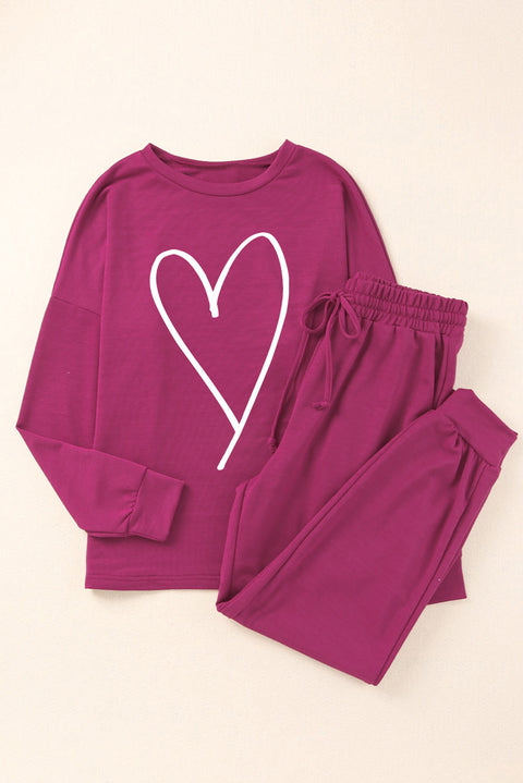 Red Heart Graphic Pullover and Joggers Casual Pants Set