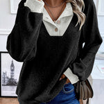 Black Color Contrast Ribbed Loose Fit Long Sleeve Top