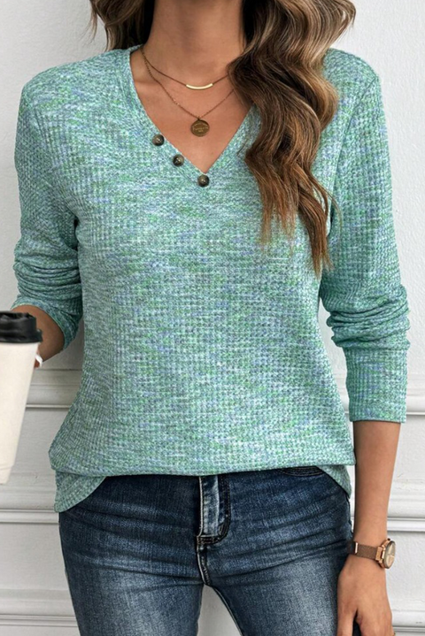 Moonlight Jade Buttoned V Neck Textured Knit Long Sleeve Top