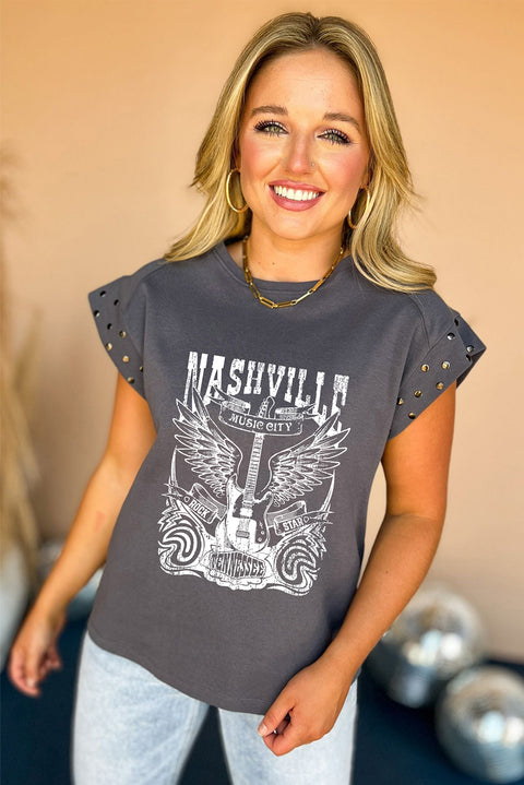 Dark Grey NASHVILLE Music City Stud Cuff Graphic Tee