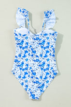 Blue Floral Ruffled Strap Lace-up Hollow Out One Piece Swimsuit