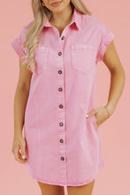 Pink Short Sleeve Double Chest Pocket Denim Shirt Dress