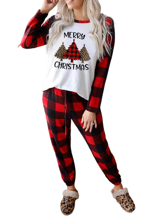 Christmas Pattern Plaid Color Block Two Piece Lounge Set