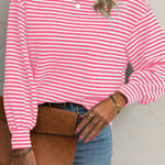 Rose Stripe Round Neck Drop Shoulder Long Sleeve Top