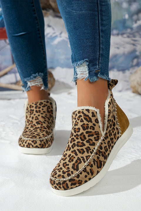 Brown Leopard Print Ankle Patched Flat Winter Fur Boots