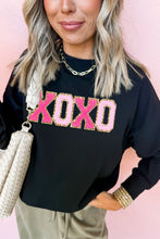 Black Chenille XOXO Patched Drop Shoulder Valentines Pullover Sweatshirt