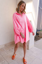 Bright Pink Balloon Sleeve Button Up Mini Shirt Dress