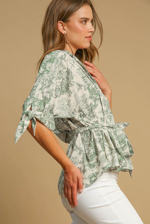 Green Landscape Print Tied 3/4 Sleeve Shirt with Sash