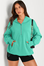 Aruba Blue Solid Kangaroo Pocket Half Zipper Oversized Hoodie