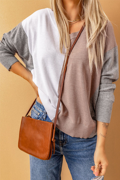 V-neck Color Block Loose Sweater