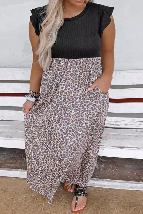 Leopard Patchwork Ribbed Maxi Dress with Pockets