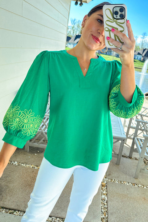 Green Contrast Floral Embroidered 3/4 Sleeve Notched V Neck Elegant Blouse