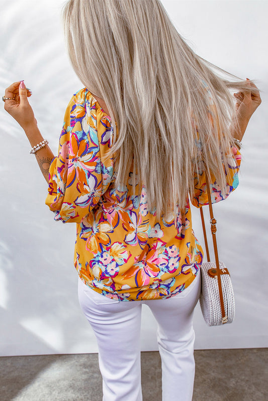 Floral Print Elastic Neckline Blouse