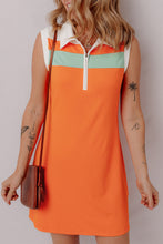 Russet Orange Colorblock Sleeveless Quarter Zip Collared Athletic Mini Dress