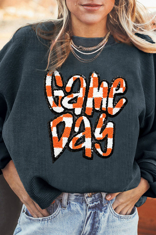 Dark Grey Chenille Checkered Game Day Graphic Drop Shoulder Corded Sweatshirt