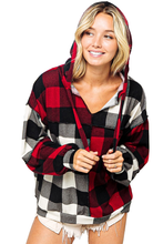 Multicolor Contrast Color Plaid Drawstring V Neck Hoodie