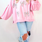 Light Pink Embroidered Bow Lantern Sleeve Oversized Pullover Sweatshirt