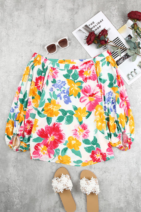 Water Painting Flowers Puff Sleeve Blouse