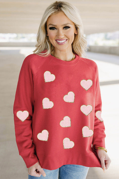 Red Heart Shaped Glitter Chenille Patched Pullover Sweatshirt