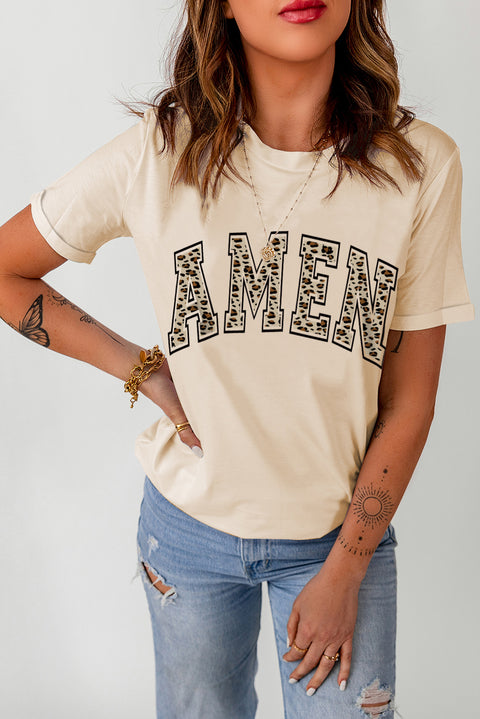 Caqui Camiseta gráfica de manga corta con estampado de leopardo AMEN