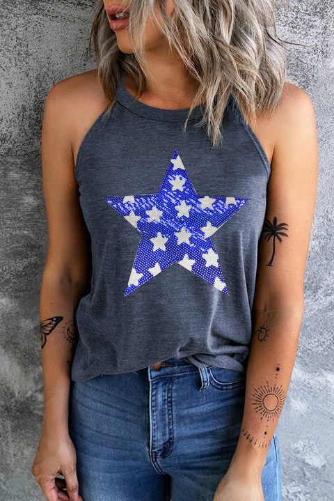 Blue Sequin Star Graphic Shift Tank Top