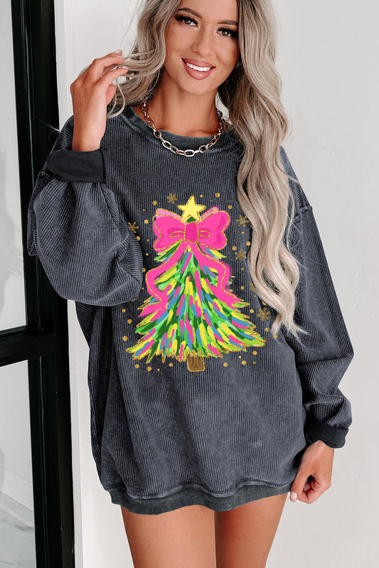 Gray Stunning Christmas Tree Printed Drop Shoulder Corded Sweatshirt