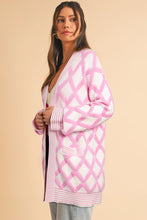 Pink Rhombus Pattern Knit Open Front Pocketed Cardigans