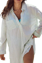 White Stripe Collared V Neck Chest Pocket Long Sleeve Beach Cover up