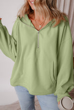 Smoke Green Fleece Lined Half Zipper Kangaroo Pockets Loose Hoodie