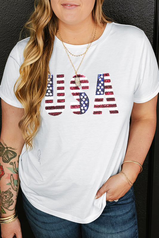 White Sequin American Flag USA Graphic Plus Size T Shirt