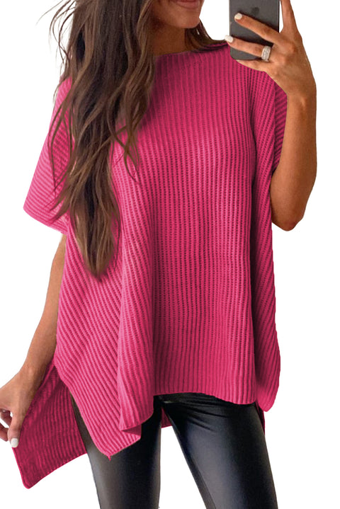 Rose Red Short Sleeve Side Slit Oversized Sweater