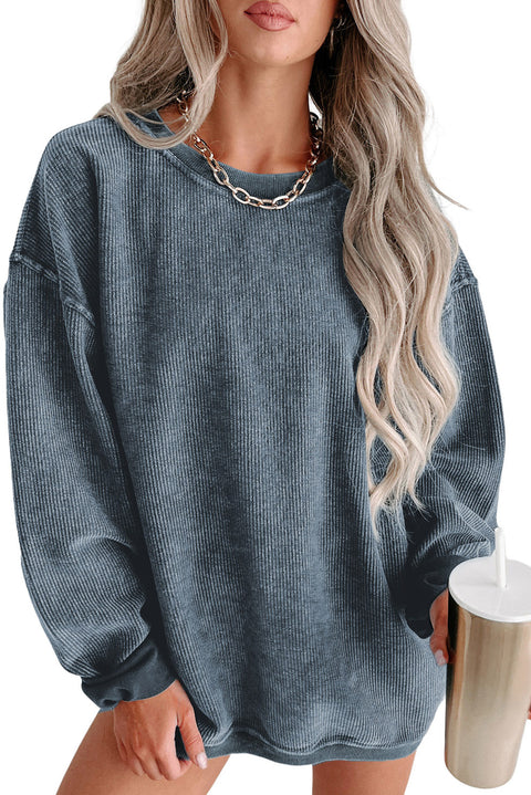 Gray Solid Ribbed Knit Round Neck Pullover Sweatshirt