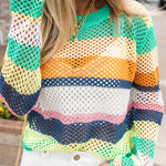 Green Colorblock Patchwork Knit Crochet Eyelet Sweater