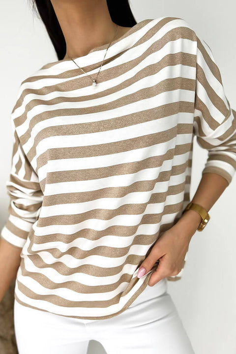 Khaki Striped Boat Neck Long Sleeve Top