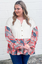 Apricot Plus Size Printed Patchwork Textured Buttoned Blouse