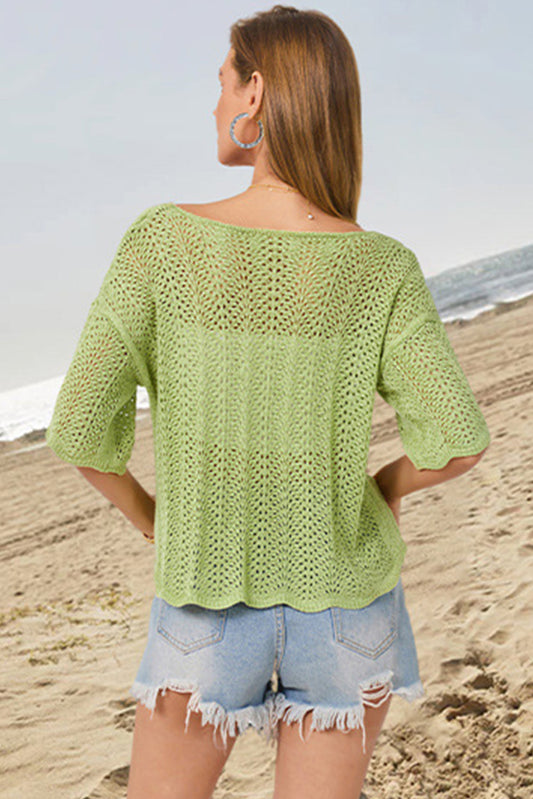 Light Green Scalloped Half Sleeve Open Knit Top