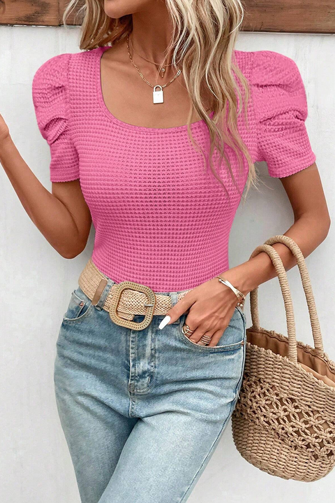 Bright Pink Waffle Knit Ruched Puff Sleeve Top