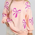 Apricot Pink Sequined Bowknot Drop Shoulder Oversized Sweatshirt