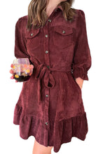 Red Dahlia Collared Buttons Front Ruffled Hem Shirt Corduroy Dress