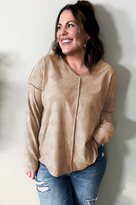 Khaki Plus Size Textured Drop Shoulder Exposed Seam Top