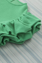 Green Ribbed Knit Puffy Ruffle Sleeve Blouse